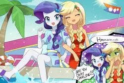 Size: 2500x1666 | Tagged: safe, artist:ryuu, derpibooru import, applejack, rarity, equestria girls, equestria girls series, spring breakdown, spoiler:eqg series (season 2), alternate hairstyle, braid, cute, daaaaaaaaaaaw, darling, female, geode of shielding, geode of super strength, jackabetes, lesbian, magical geodes, raribetes, rarijack, reality ensues, seasickness, shipping, sleeveless