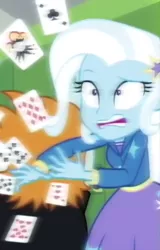 Size: 422x658 | Tagged: safe, derpibooru import, screencap, snips, trixie, equestria girls, equestria girls series, run to break free, spoiler:eqg series (season 2), cropped, deck of cards, female, male, motion blur, playing card, slow motion