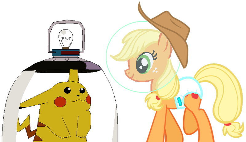 Size: 953x553 | Tagged: applejack, artist:guihercharly, astrobaby, astrojack, crossover, derpibooru import, diaper, electric proof glass, glass dome, glass jar, pikachu, pokémon, safe, space helmet