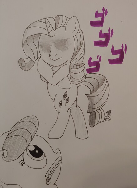 Size: 1910x2617 | Tagged: safe, artist:iffoundreturntorarity, derpibooru import, rarity, suri polomare, pony, atg 2019, jojo's bizarre adventure, menacing, monochrome, newbie artist training grounds, pencil drawing, torture dance, traditional art, vento aureo, ゴ ゴ ゴ