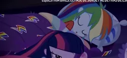 Size: 859x394 | Tagged: safe, derpibooru import, screencap, rainbow dash, sci-twi, twilight sparkle, equestria girls, equestria girls series, sunset's backstage pass!, spoiler:eqg series (season 2), cute, dashabetes, pillow, sleeping, sleeping bag, solo focus