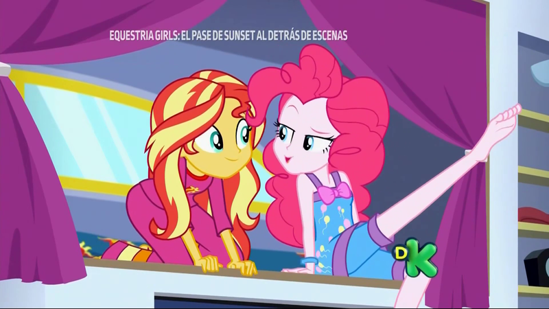 Size: 1920x1080 | Tagged: safe, derpibooru import, screencap, pinkie pie, sunset shimmer, equestria girls, equestria girls series, sunset's backstage pass!, spoiler:eqg series (season 2), barefoot, clothes, context is for the weak, discovery kids, feet, out of context, pajamas, raised leg, sexy, sleeveless, spanish