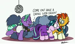 Size: 6481x3847 | Tagged: safe, artist:bobthedalek, derpibooru import, firelight, starlight glimmer, sunburst, pony, blaze (coat marking), cape, clothes, crowd, dancing, disco ball, dress, embarrassed, father and child, father and daughter, fathers gonna father, female, hiding, jacket, male, medallion, mortified, saturday night fever, silhouette, simple background, socks (coat marking), white background