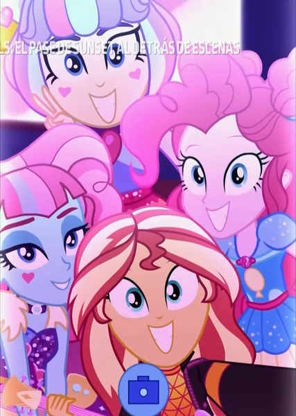 Size: 767x1078 | Tagged: safe, derpibooru import, screencap, kiwi lollipop, pinkie pie, sunset shimmer, supernova zap, equestria girls, equestria girls series, sunset's backstage pass!, spoiler:eqg series (season 2), cropped, discovery kids, guitar, k-lo, musical instrument, peace sign, postcrush, selfie, smiling, spanish, su-z