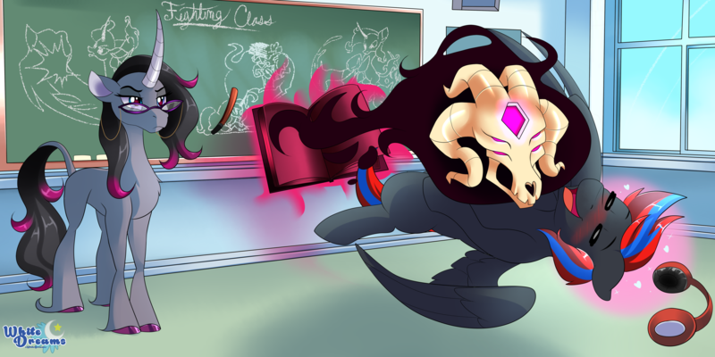 Size: 4000x2000 | Tagged: safe, artist:xwhitedreamsx, derpibooru import, fhtng th§ ¿nsp§kbl, oleander (tfh), oc, demon, them's fightin' herds, blushing, classroom, community related, female, glasses, headphones, hug, unamused, unicornomicon