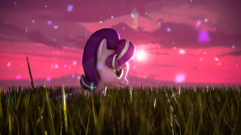 Size: 1920x1080 | Tagged: safe, artist:r-3399, derpibooru import, starlight glimmer, pony, 3d, field, lens flare, smiling, solo, source filmmaker, twilight (astronomy)