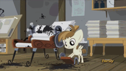 Size: 600x337 | Tagged: safe, derpibooru import, edit, screencap, featherweight, pony, slice of life (episode), animated, discovery family, discovery family logo, fail, ink, printing press, solo