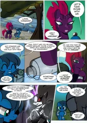 Size: 2480x3508 | Tagged: safe, artist:dsana, derpibooru import, fizzlepop berrytwist, tempest shadow, oc, oc:lullaby dusk, pegasus, pony, unicorn, comic:a storm's lullaby, broken horn, comic, conker, dialogue, duo, eye scar, female, filly, heterochromia, horn, jar, lightning, mare, nightmare, river, scar