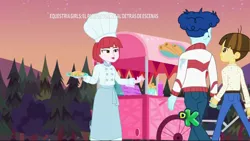 Size: 1280x720 | Tagged: safe, derpibooru import, screencap, curly winds, puffed pastry, some blue guy, wiz kid, equestria girls, equestria girls series, sunset's backstage pass!, spoiler:eqg series (season 2), chef outfit, chef's hat, churros, clothes, discovery kids, evening, female, food, food cart, gay, hat, holding hands, jacket, looking at each other, looking at someone, male, outdoors, pants, plate, shipping, shipping fuel, sky, spanish, tree, walking, wizwinds