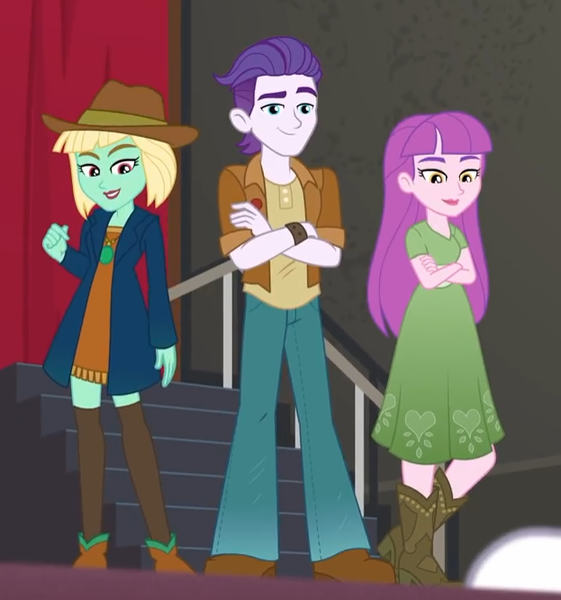 Size: 623x666 | Tagged: safe, derpibooru import, screencap, dakota verde, dirk thistleweed, violet wisteria, equestria girls, equestria girls series, how to backstage, spoiler:eqg series (season 2), background human, clothes, cropped, crossed arms, female, hat, male, pants, shoes