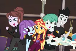 Size: 1065x720 | Tagged: safe, derpibooru import, screencap, chase reverb, coffee rush, sunset shimmer, equestria girls, equestria girls series, how to backstage, spoiler:eqg series (season 2), backstage pass, drone, drumsticks, female, male, microphone, photo, selfie drone, smiling
