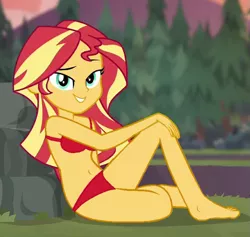 Size: 595x565 | Tagged: suggestive, derpibooru import, edit, edited screencap, editor:grapefruitface, screencap, sunset shimmer, equestria girls, equestria girls series, wake up!, spoiler:eqg series (season 2), barefoot, belly button, bra, breasts, clothes, cropped, feet, female, fire pit, legs, looking at you, outdoors, panties, red underwear, seductive look, seductive pose, smiling, solo, solo female, underwear, underwear edit, wake up!: applejack