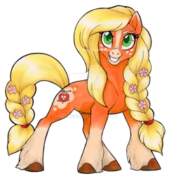 Size: 900x933 | Tagged: safe, artist:nadairead, derpibooru import, applejack, earth pony, pony, leak, spoiler:g5, applejack (g5), braid, braided tail, deviantart watermark, female, flower, flower in hair, g5, mare, obtrusive watermark, simple background, smiling, solo, traditional art, transparent background, unshorn fetlocks, watermark