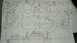 Size: 5312x2992 | Tagged: safe, artist:徐詩珮, derpibooru import, applejack, fizzlepop berrytwist, fluttershy, glitter drops, grubber, pinkie pie, rainbow dash, rarity, spike, spring rain, tempest shadow, twilight sparkle, unicorn, my little pony: the movie, birthday, birthday cake, broken horn, cake, female, food, glittershadow, hat, horn, kissing, lesbian, lineart, lined paper, mane six, mare, party hat, polyamory, shipping, springdrops, springshadow, springshadowdrops, tempest the birthday guest, traditional art