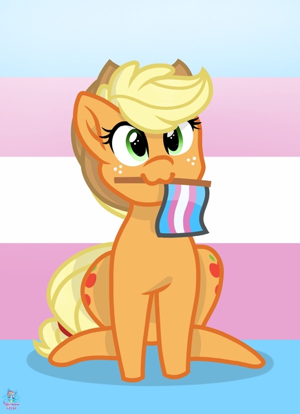 Size: 1272x1752 | Tagged: safe, artist:rainbow eevee, derpibooru import, applejack, pony, :3, applejack's hat, cowboy hat, cute, flag, freckles, hat, headcanon, jackabetes, lgbt headcanon, mouth hold, pride, pride flag, simple background, solo, transgender, transgender pride flag