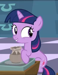 Size: 588x757 | Tagged: safe, derpibooru import, screencap, twilight sparkle, pony, unicorn, sparkle's seven, cropped, cute, female, filly, filly twilight sparkle, pottery, sitting, smiling, solo, twiabetes, unicorn twilight, younger