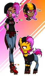 Size: 1488x2500 | Tagged: safe, artist:anyazen, derpibooru import, oc, oc:rock'n rolla, unofficial characters only, earth pony, human, pony, bubblegum, choker, clothes, dark skin, ear piercing, earring, elbow pads, eyebrow piercing, eyeshadow, female, flannel, food, gum, helmet, humanized, humanized oc, jeans, jewelry, knee pads, lip piercing, makeup, mare, pants, piercing, reference sheet, roller skates, rollerblades, self paradox, self ponidox, shirt, shoes, socks, solo, t-shirt, tail wrap, torn clothes