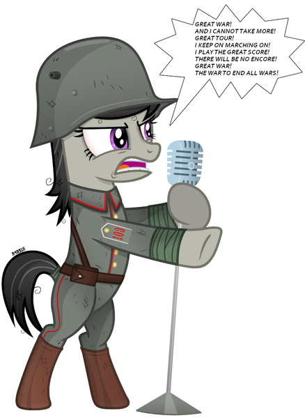 Size: 789x1080 | Tagged: safe, artist:a4r91n, derpibooru import, edit, octavia melody, earth pony, pony, bipedal, clothes, female, german, great war (sabaton), hooves, kriegtavia, lyrics, mare, metal, microphone, open mouth, puttees, sabaton, simple background, singing, solo, stahlhelm, text, uniform, white background, world war i