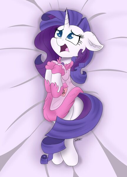 Size: 1280x1778 | Tagged: safe, artist:sadtrooper, derpibooru import, rarity, pony, unicorn, suited for success, adorable distress, bathrobe, bed, clothes, cute, ear fluff, female, floppy ears, i'm so pathetic, laying on bed, mare, marshmelodrama, messy mane, on bed, open mouth, raribetes, rarity being rarity, robe, scene interpretation, solo