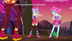 Size: 1280x720 | Tagged: safe, derpibooru import, screencap, kiwi lollipop, sunset shimmer, supernova zap, equestria girls, equestria girls series, sunset's backstage pass!, spoiler:eqg series (season 2), duo, feet, k-lo, legs, postcrush, sandals, su-z, zettai ryouiki