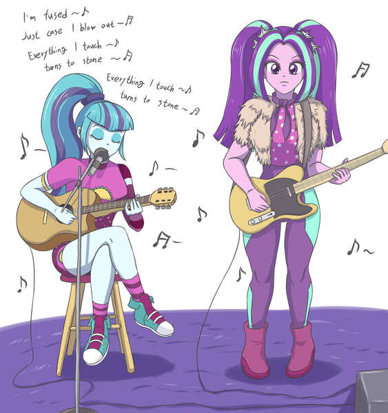 Size: 3543x3779 | Tagged: safe, artist:sumin6301, derpibooru import, aria blaze, sonata dusk, equestria girls, equestria girls series, sunset's backstage pass!, spoiler:eqg series (season 2), acoustic guitar, blow out, clothes, converse, electric guitar, fender telecaster, guitar, microphone, microphone stand, music notes, musical instrument, pigtails, ponytail, radiohead, shoes, singing, song reference, twintails