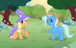 Size: 928x590 | Tagged: artist needed, source needed, safe, derpibooru import, applejack, trixie, earth pony, pony, unicorn, accessory swap, applejack's hat, cape, clothes, cowboy hat, female, hat, lesbian, mare, raised hoof, shipping, tripplejack, trixie's cape, trixie's hat