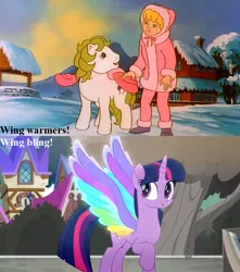 Size: 750x850 | Tagged: adoraprise, alicorn, baby it's cold outside, clothes, coat, colored wings, comparison, cropped, cute, derpibooru import, edit, edited screencap, farmhouse, g1, hope hollow, megan williams, multicolored wings, my little pony 'n friends, parka, rainbow roadtrip, rainbow wings, safe, screencap, snow, surprise, text, tree, twiabetes, twilight sparkle, twilight sparkle (alicorn), well, wing bling, wings, wing warmers