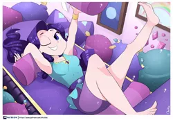 Size: 960x666 | Tagged: safe, artist:ohiekhe, derpibooru import, rarity, human, camping must-haves, equestria girls, equestria girls series, spoiler:eqg series (season 2), armpits, barefoot, belt, breasts, cleavage, clothes, cute, dress, feet, female, humanized, jewelry, legs, miniskirt, moe, necklace, one eye closed, raribetes, rarity's bedroom, scene interpretation, skirt, soles, solo, wink