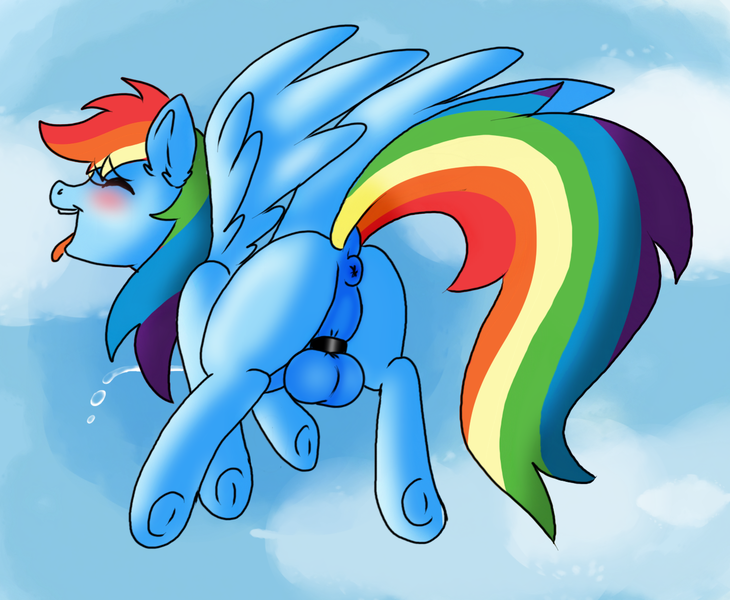 Size: 1328x1092 | Tagged: explicit, artist:vodkamewtwoni, derpibooru import, rainbow dash, pegasus, pony, ahegao, anus, balls, blushing, bondage, cum, cumming, dock, eyes closed, flying, frog (hoof), futa, futa rainbow dash, intersex, nudity, open mouth, ponut, solo, taint, tongue out, underhoof