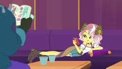 Size: 1920x1080 | Tagged: safe, derpibooru import, screencap, rift axe, vignette valencia, equestria girls, equestria girls series, inclement leather, spoiler:choose your own ending (season 2), spoiler:eqg series (season 2), beauty mark, couch, draw me like one of your french girls, inclement leather: vignette valencia, lidded eyes, mobile phone, offscreen character, phone, pillow, pose, reclining, smartphone