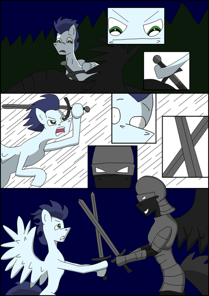 Size: 2480x3508 | Tagged: safe, artist:greeneyedmistress, derpibooru import, soarin', pony, comic:prelude to creation, clothes, comic, corpse, fight, male, stallion, unknown pony, weapon