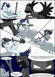 Size: 2480x3508 | Tagged: safe, artist:greeneyedmistress, derpibooru import, soarin', pony, comic:prelude to creation, clothes, comic, fight, male, stallion, vulgar, weapon