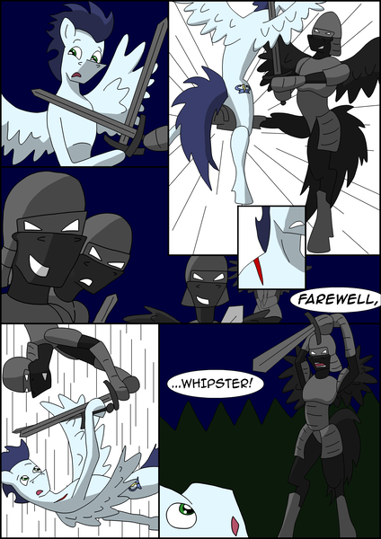 Size: 2480x3508 | Tagged: safe, artist:greeneyedmistress, derpibooru import, soarin', pony, comic:prelude to creation, blood, clothes, comic, fight, kicking, male, stallion, unknown pony, vulgar, weapon