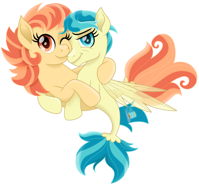 Size: 1500x1396 | Tagged: artist:cloudyglow, aunt holiday, auntie lofty, derpibooru import, female, lesbian, lofty day, movie accurate, safe, seaponified, seapony (g4), shipping, simple background, smiling, species swap, transparent background