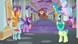 Size: 1280x720 | Tagged: safe, derpibooru import, screencap, gallus, november rain, ocellus, sandbar, silverstream, smolder, twilight sparkle, twilight sparkle (alicorn), yona, alicorn, changedling, changeling, classical hippogriff, dragon, earth pony, gryphon, hippogriff, pony, yak, she's all yak, bag, bow, cloven hooves, dragoness, female, friendship student, hair bow, jumping, male, mare, saddle bag, school of friendship, student six