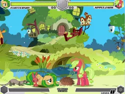 Size: 640x481 | Tagged: safe, derpibooru import, angel bunny, applejack, fluttershy, earth pony, ferret, hedgehog, pegasus, pony, rabbit, fighting is magic, animal, bridge, female, fluttershy's cottage, mare, palette swap, recolor