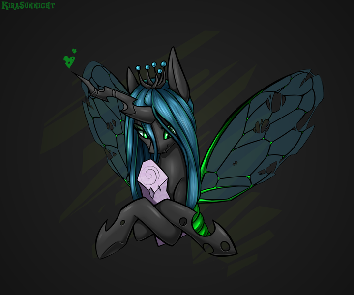 Size: 3000x2500 | Tagged: abstract background, artist:kirasunnight, bust, changeling, changeling queen, dead, derpibooru import, female, frenemies (episode), heart, hug, log, mean twilight sparkle, portrait, quadrupedal, queen chrysalis, safe, solo, twilog