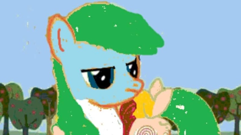 Size: 854x480 | Tagged: safe, artist:battybovine, derpibooru import, edit, edited screencap, screencap, ponified, pony, abby's flying fairy school, apple, apple tree, carrying, dizzy, faithful farmer, food, gonnigan, holding a pony, jeffy, male, recolor, sports outfit, sportsman fairy, supermariologan, swirly eyes, tree, unamused