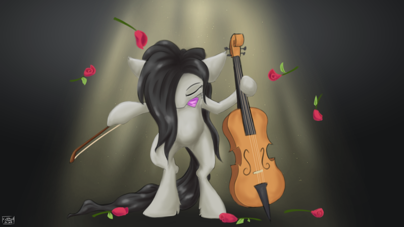 Size: 3840x2160 | Tagged: safe, artist:coldtrail, derpibooru import, octavia melody, earth pony, pony, atg 2019, bipedal, bow (instrument), bowing, cello, female, flower, mare, musical instrument, newbie artist training grounds, solo