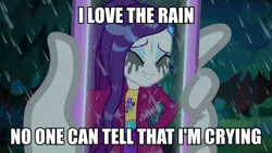 Size: 1200x675 | Tagged: safe, derpibooru import, edit, edited screencap, screencap, rarity, equestria girls, equestria girls series, inclement leather, spoiler:choose your own ending (season 2), spoiler:eqg series (season 2), caption, cute, hashtag rain hair don't care, image macro, inclement leather: vignette valencia, makeup, mascara, mascarity, phone screen, rain, raribetes, running makeup, selfie, solo, text, wet, wet hair, wet hairity, wet mane, wet mane rarity