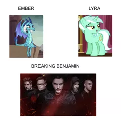 Size: 750x786 | Tagged: safe, derpibooru import, edit, edited screencap, editor:undeadponysoldier, screencap, lyra heartstrings, princess ember, dragon, human, pony, unicorn, slice of life (episode), band, ben burnley, breaking benjamin, female, i see what you did there, irl, irl human, mare, mind blown, photo, simple background, song reference, white background