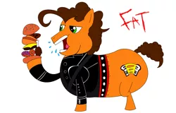 Size: 6784x4344 | Tagged: safe, artist:claytoons1994, derpibooru import, cheese sandwich, earth pony, pony, absurd resolution, bhm, burger, donut, fat, fat (song), food, male, meat, ponies eating meat, simple background, solo, stallion, tight clothing, voice actor joke, weird al yankovic, white background