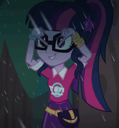 Size: 672x720 | Tagged: safe, derpibooru import, screencap, sci-twi, twilight sparkle, equestria girls, equestria girls series, inclement leather, spoiler:choose your own ending (season 2), spoiler:eqg series (season 2), animated, blinking, cropped, forest, geode of telekinesis, gif, glasses, inclement leather: twilight sparkle, looped, magical geodes, rain, solo, talking, tree