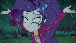 Size: 1280x720 | Tagged: safe, derpibooru import, screencap, rarity, equestria girls, equestria girls series, inclement leather, spoiler:choose your own ending (season 2), spoiler:eqg series (season 2), forest, makeup, rain, running makeup, solo, tree