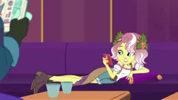 Size: 1280x720 | Tagged: safe, derpibooru import, screencap, rift axe, vignette valencia, equestria girls, equestria girls series, inclement leather, spoiler:choose your own ending (season 2), spoiler:eqg series (season 2), couch, cup, draw me like one of your french girls, female, inclement leather: vignette valencia, male, mobile phone, newspaper, offscreen character, phone, pillow, reclining, selfie, smartphone, table