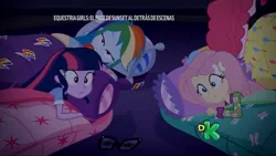 Size: 1589x899 | Tagged: safe, derpibooru import, screencap, fluttershy, pinkie pie, rainbow dash, sci-twi, twilight sparkle, equestria girls, equestria girls series, sunset's backstage pass!, spoiler:eqg series (season 2), sleeping, sleeping bag