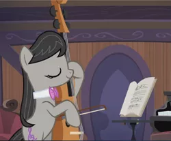 Size: 1139x941 | Tagged: safe, derpibooru import, screencap, octavia melody, pony, slice of life (episode), bipedal, cello, cropped, eyes closed, musical instrument, playing instrument, smiling, solo