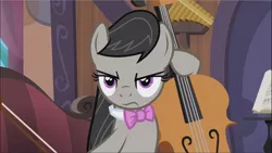 Size: 1669x939 | Tagged: safe, derpibooru import, screencap, octavia melody, pony, slice of life (episode), cello, cropped, glare, looking at you, musical instrument, octavia is not amused, solo, unamused
