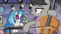 Size: 1669x939 | Tagged: safe, derpibooru import, screencap, octavia melody, earth pony, pony, unicorn, slice of life (episode), background pony, bipedal, bow, cello, cropped, disco ball, duo, female, headphones, lidded eyes, looking at each other, mare, musical instrument, smiling, synthesizer, turntable