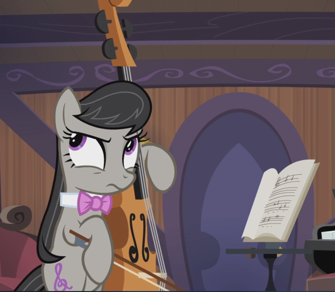 Size: 1079x940 | Tagged: safe, derpibooru import, screencap, octavia melody, pony, slice of life (episode), bipedal, cello, cropped, musical instrument, solo, thinking